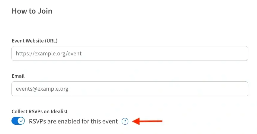 Screenshot of the Idealist website showing how to enable RSVPs for an event listing