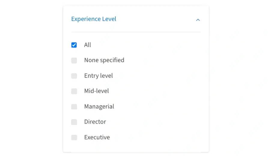 Screenshot of the Idealist website that shows how to filter a search by Experience Level.