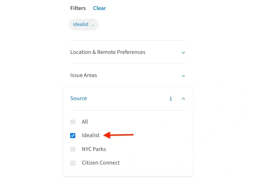 Screenshot of the Idealist website showing how to filter events by Idealist as the source