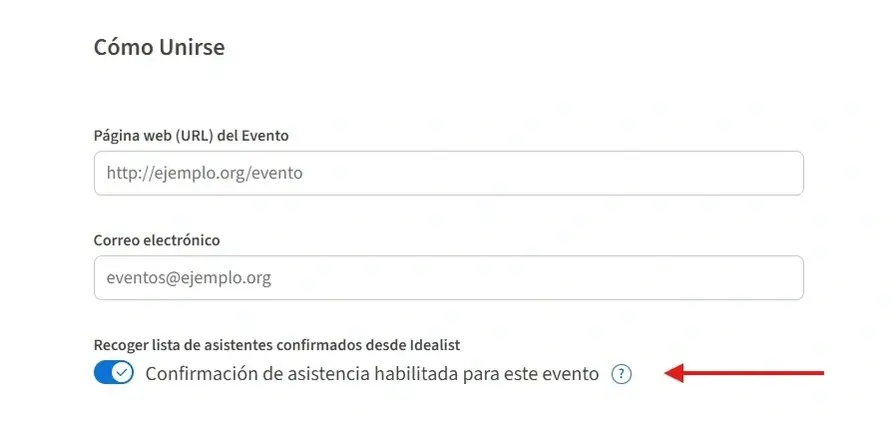 Captura de pantalla del sitio de Idealist mostrando cómo activar la herramienta RSVP en un evento