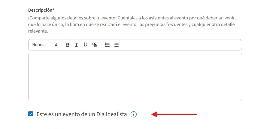 Captura de pantalla del sitio de Idealist mostrando cómo categorizar un evento como de Día Idealista