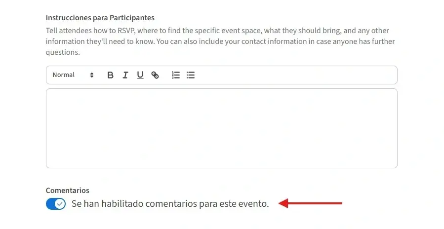 Captura de pantalla del sitio de Idealist mostrando dónde habilitar los comentarios en un aviso de evento