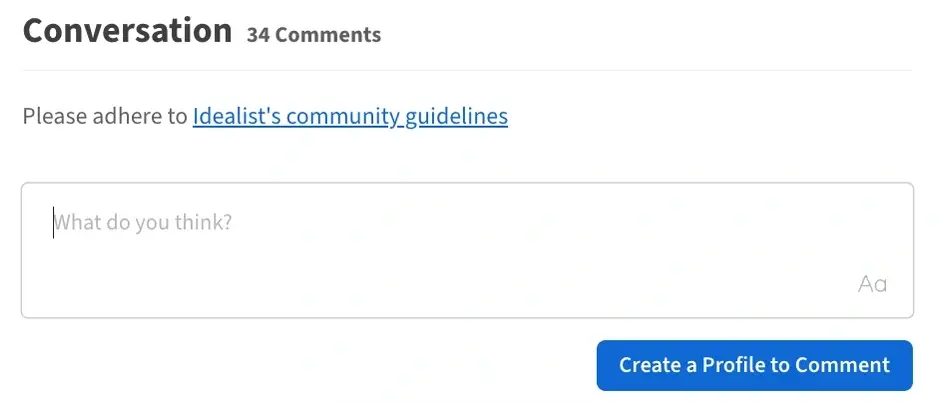 Screenshot of the Idealist website showing how to Create a Profile to Comment