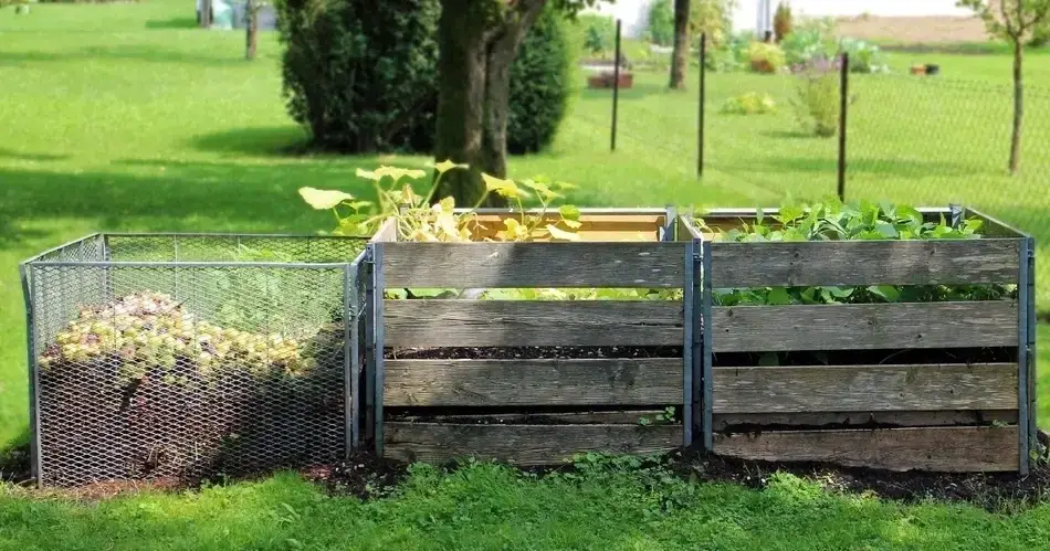 A imagem mostra três composteiras de madeira em diferentes estágios de decomposição, organizadas em um jardim.