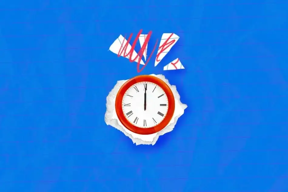Imagem de fundo azul com um relógio com rebordo vermelho de ponteiro de algorismos romanos de paredes.