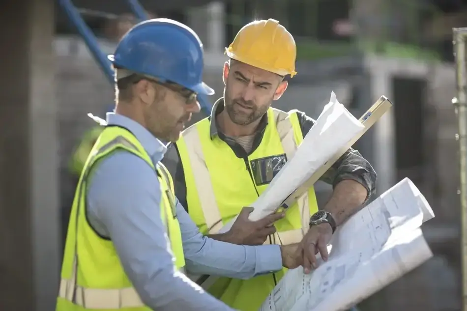 Dois homens com uniforme de obra, discutindo sobre projetos, apontando um papel.