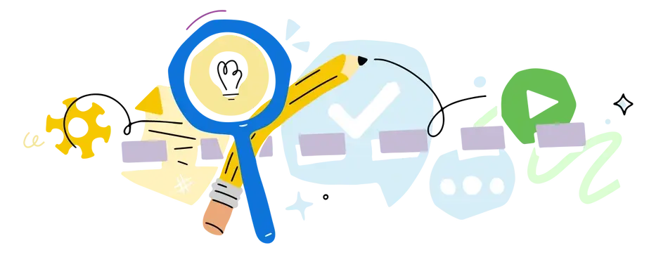 An abstract illustration of upskilling featuring a blue magnifying glass, yellow gears, a yellow pencil, and various shapes.