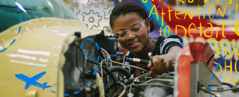 A woman working on a machine with doodles for Idealist's resource, How to Write a Strong Job Description.