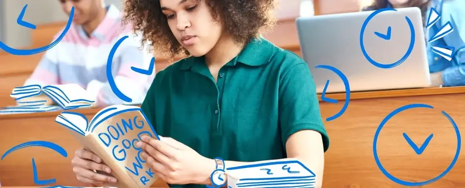 Black woman sits in university classroom reading book, blue doodles of clocks surround her face.