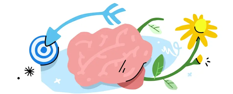 An illustration of a human brain with colorful doodles of arrows, targets, and flowers.