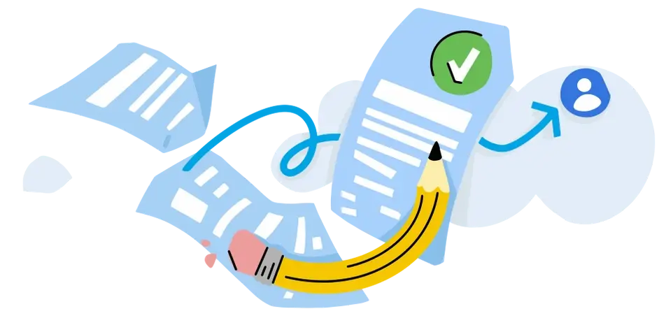 An illustration of a job listing template, with a curved pencil, papers, and a green checkmark.