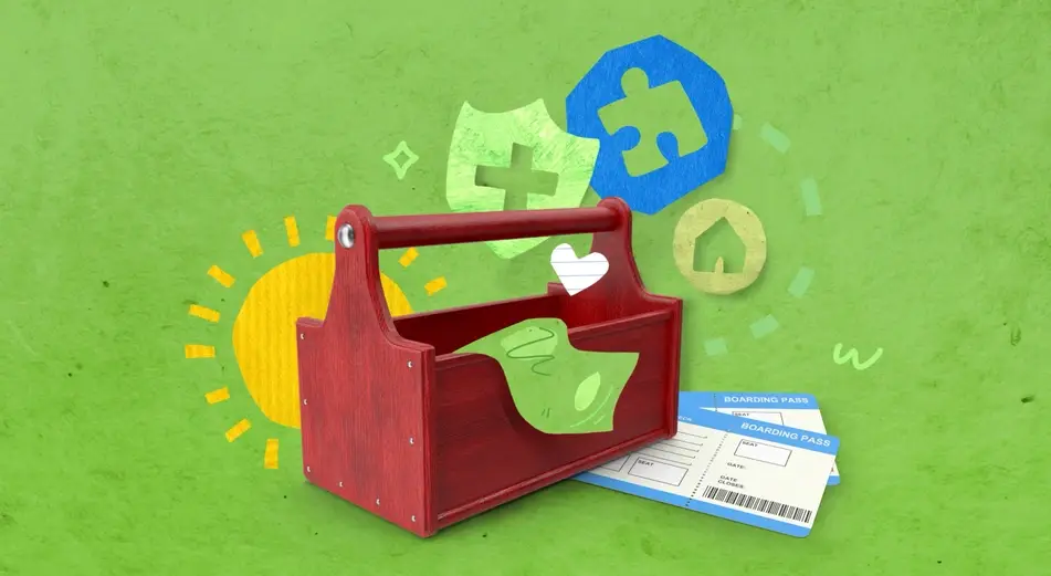 An abstract illustration of understanding employee benefits, featuring a reddish brown toolbox with dollar bills, checks, and a yellow sun on a bright green background.