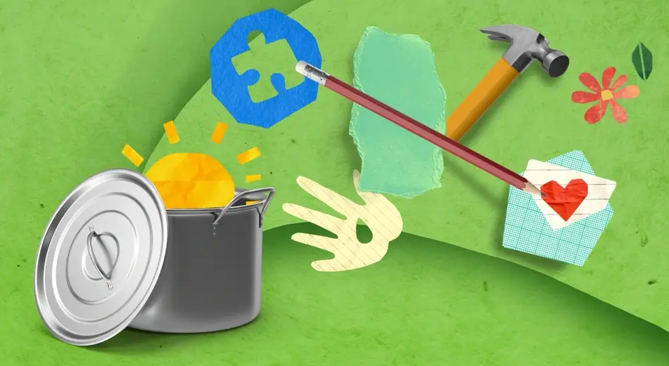 Paper collage of a cooking pot with a sun as well as a heart, hand, flower and puzzle piece.