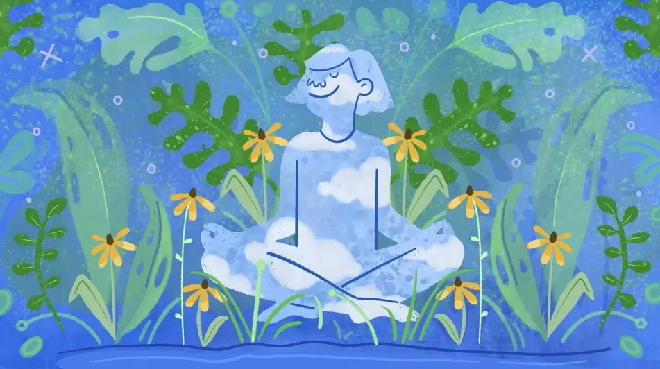 illustration of a woman meditating and finding peace, doodle on a blue background with flowers.