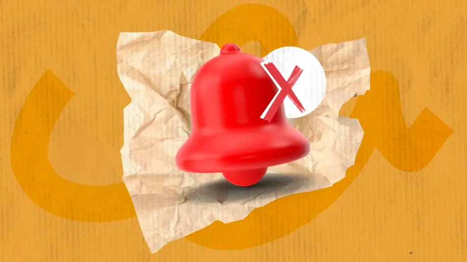 Image of a paper collage with a notification bell and an X next to it.