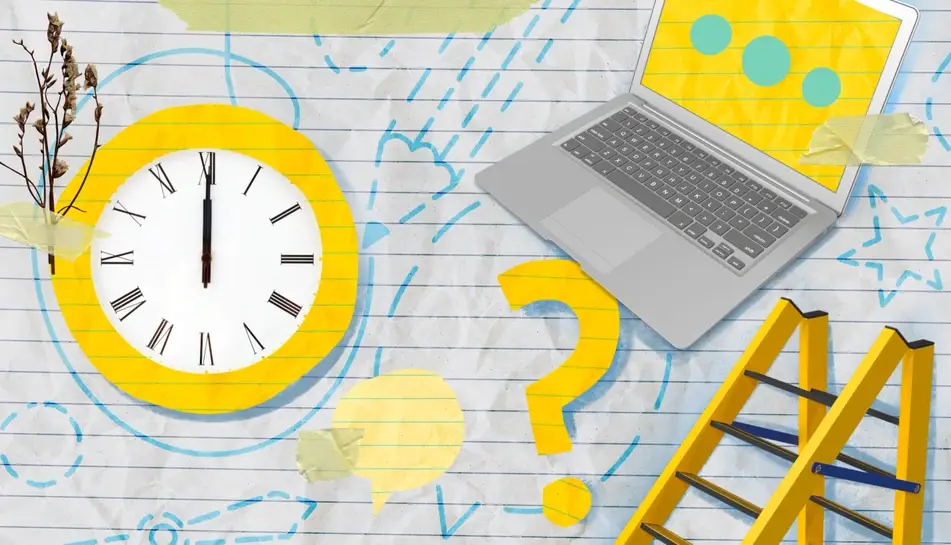 Abstract image with yellow doodles of clock, laptop, ladder, and question mark.