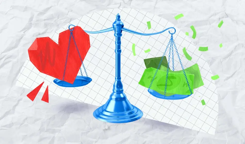Illustration of balancing a nonprofit salary budget with a social-impact passion, a red heart on a weight with green dollar bills on the other weight.