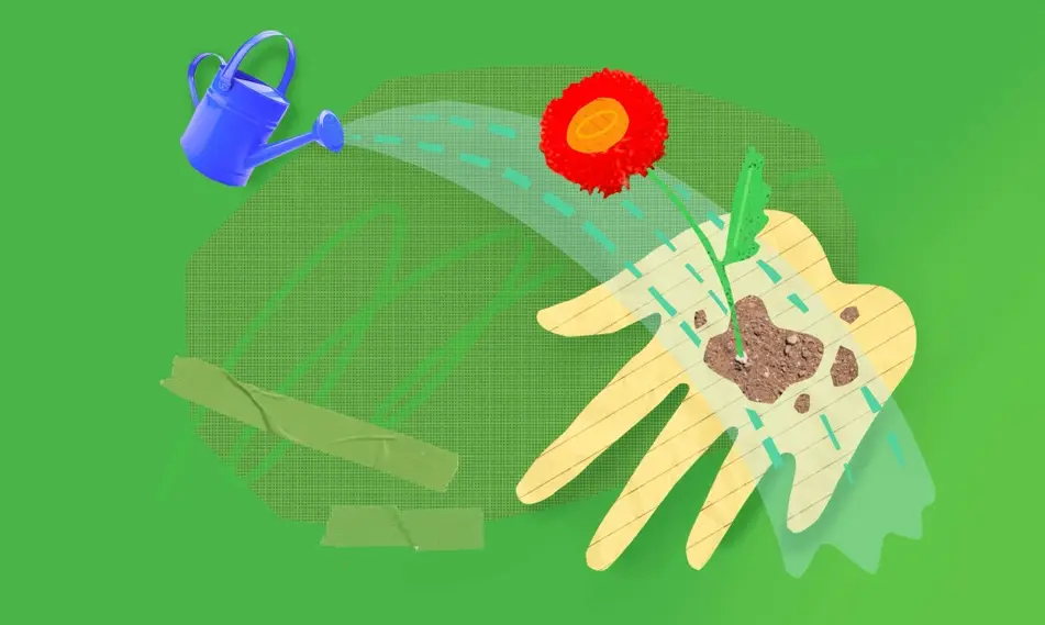 Abstract illustration of mentorship, with no copy, on a bright green background with doodles of a hand and flowers.