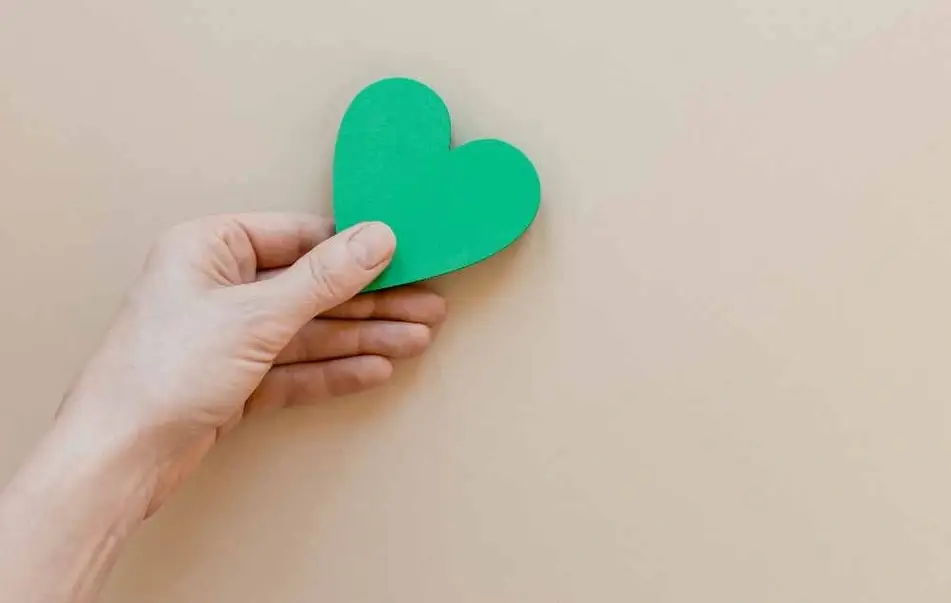 Una mano entrega un corazón verde de papel