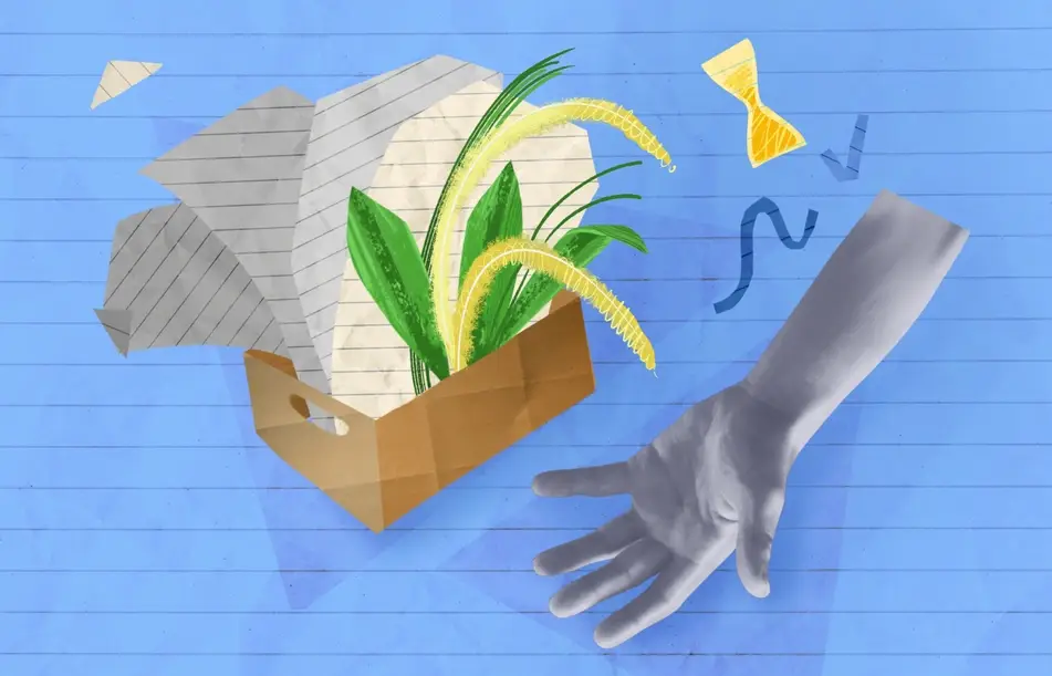 An abstract illustration of Idealist's job transition plan template, featuring a ceramic arm and cardboard box of papers, plants, and other work items.