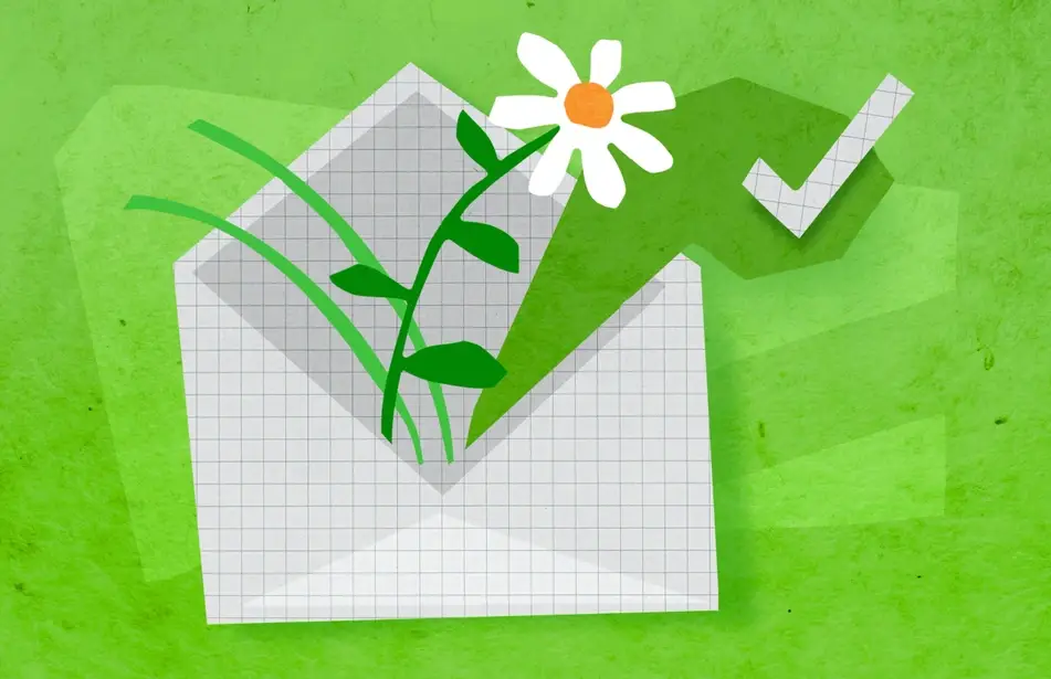 Collage of a checkmark and a daisy popping out of an envelope.