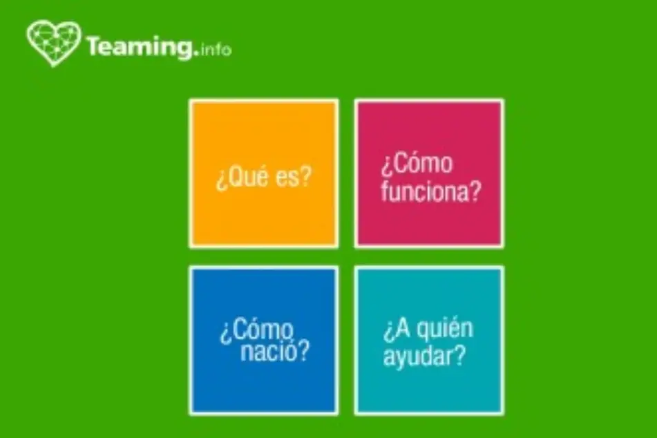 Cuatro recuadros que dicen Teaming: qué es?, cómo funciona?, cómo nació?, a quién ayudar?