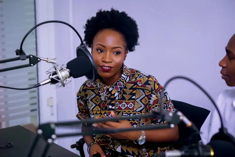 woman inside podcasting studio