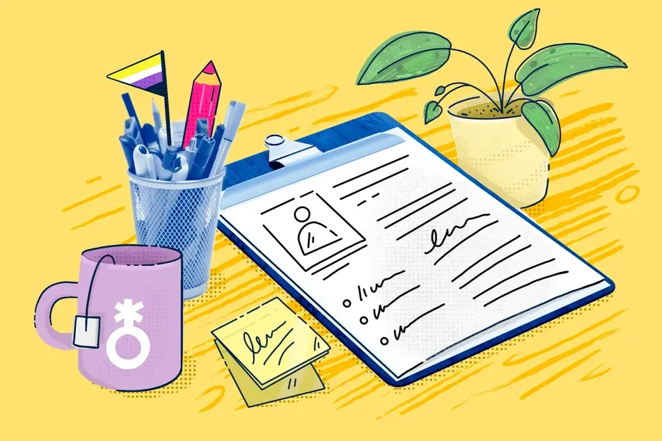 An illustration of a resume, cup of pens, a nonbinary flag, and a mug with the gender nonconforming sign