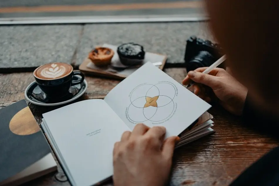 Una persona dibujando un diagrama de ikigai en una libreta