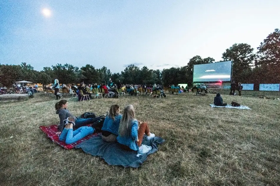 Grupo de personas sentadas en un cine al aire libre