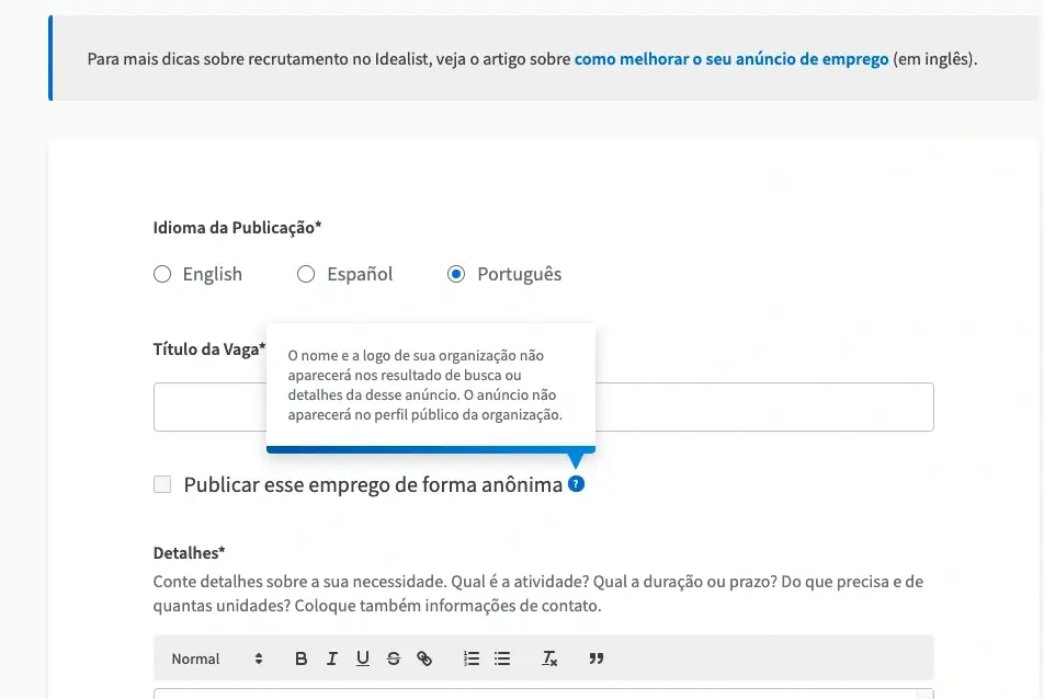 Screenshot do site idealista mostrando como marcar a opção de postagem anônima