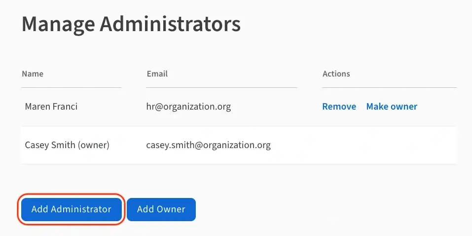 An image showing the "Add Administrator" button on the "Manage Administrators" page.