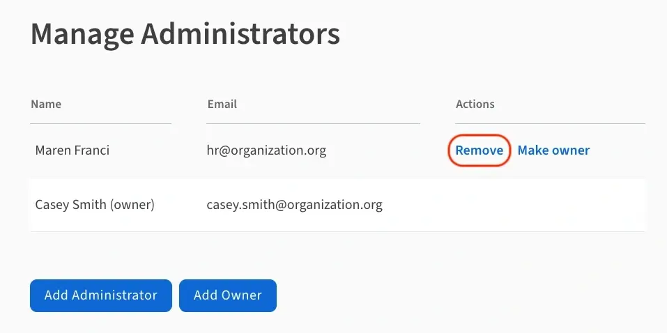 An image showing the "Remove" button on the "Manage Administrators" page.