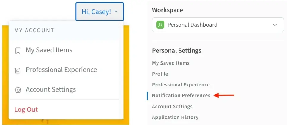 Screenshot of the Idealist website showing how do access Notification Preferences in your Personal Dashboard.